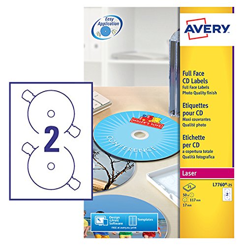 Best Value Avery L7760-25 Self-Adhesive Glossy Full Face CD Labels, 2 Labels Per A4 Sheet