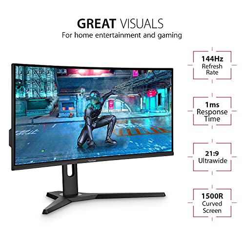 Viewsonic VX3418-2KPC - LED monitor - curved - 34" - 3440 x 1440 WQHD @ 144 Hz - MVA - 300 cd/m? - 4000:1 - 1 ms - 2xHDMI, 2xDisplayPort - speakers