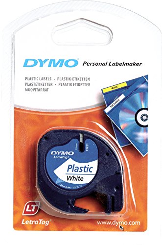 Dymo S0721660 LetraTag Plastic Tape, Self-Adhesive, 12 mm x 4 m Roll, Black Print on White