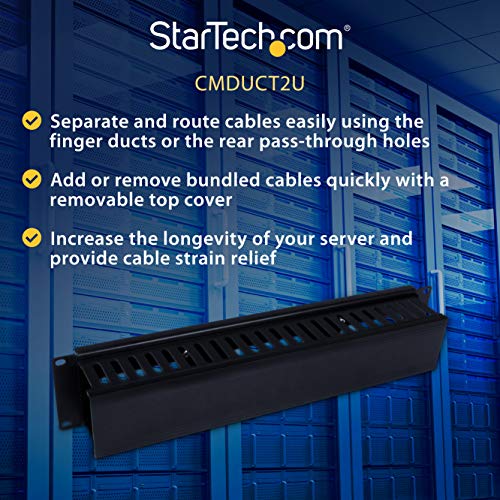 StarTech.com Horizontal 2U Server Rack Cable Management Finger Duct w/ Cover - 19" Network Rack Wire Duct Raceway Panel - Slotted Wire Duct (CMDUCT2U)