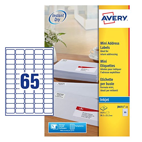 Best Value Avery Self Adhesive Mini Organising Return Address Labels, Inkjet Printers, (38.1 x 21.2 mm Labels, 65 Labels Per A4 Sheet, 25 Sheets), 1625 labels, QuickDRY (J8651)