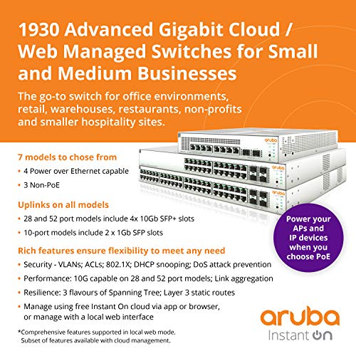 HPE Aruba Instant On 1930 24G Class4 PoE 4SFP/SFP+ 195W Switch - Switch - L3 - Managed - 24 x 10/100/1000 (PoE) + 4 x 1 Gigabit / 10 Gigabit SFP+ - rack-mountable - PoE (195 W)