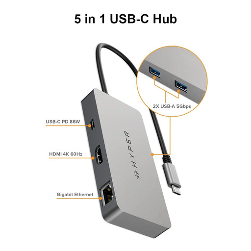 HyperDrive 5-Port USB-C Hub - Docking station - USB-C - HDMI - GigE