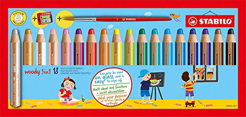 Best Value Multi-talented Pencil STABILO woody 3-in-1 box set of 18 assorted colours + sharpener & paint brush