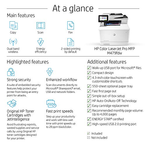 HP Color LaserJet Pro MFP M479fdw - Multifunction printer - colour - laser - Legal (216 x 356 mm) (original) - A4/Legal (media) - up to 27 ppm (copying) - up to 27 ppm (printing) - 300 sheets - 33.6 Kbps - USB 2.0, LAN, Wi-Fi(n), USB host