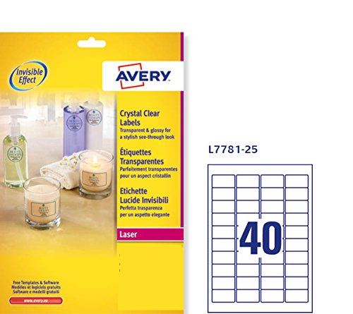 Best Value Avery L7781-25 Crystal Clear Labels for Laser Printers (45.7 x 25.4 mm Labels, 40 Labels per A4 Sheet, 25 Sheets)- Transparent