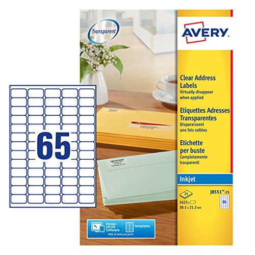 Best Value Avery Self Adhesive Clear Mini Return Address Labels, Inkjet Printers, 65 Labels Per A4 Sheet, 1625 labels, QuickDRY (J8551)