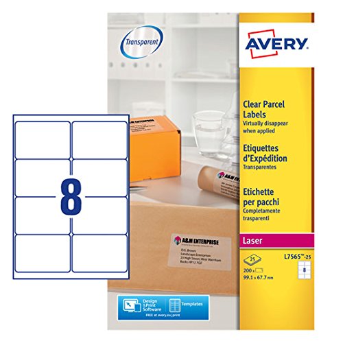 Best Value Avery Self Adhesive Clear Parcel Shipping Labels, Laser Printers, 8 Labels Per A4 Sheet, 200 labels, QuickPEEL (L7565)