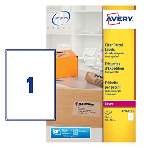 Best Value Avery Self Adhesive Clear Parcel Shipping Labels, Laser Printers, 1 Label per A4 Sheet, 25 labels, QuickPEEL (L7567)