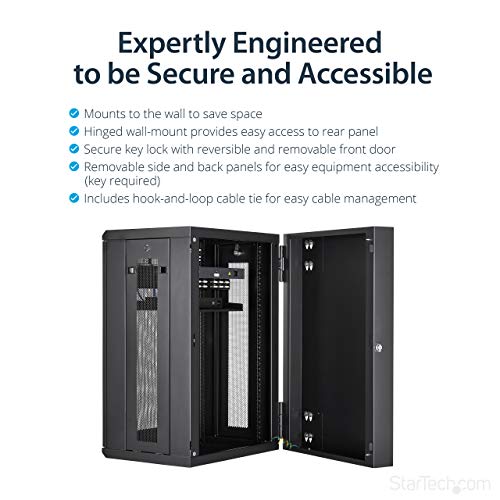 StarTech.com RK1820WALHM 18U Wall Mount Network Switch Cabinet, 4-Post Adjustable Depth (2.4 Inch to 16 Inch) Fully Secure IT Cabinet with Cable Management, 200 lb/90 kg - Black