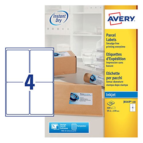 Best Value Avery Self Adhesive Parcel Shipping Labels, Inkjet Printers, 4 Labels Per A4 Sheet, 400 Labels, QuickDRY (J8169)
