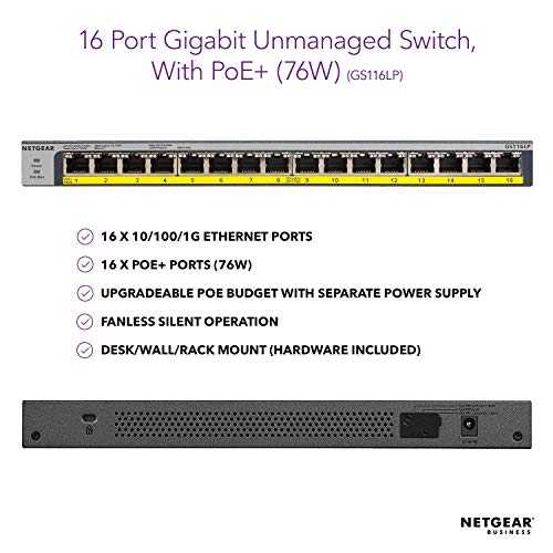 NETGEAR GS116LP - Switch - 16 x 10/100/1000 (PoE+) - desktop, rack-mountable, wall-mountable - PoE+ (76 W) - DC power