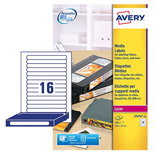 Best Value Avery L7674-25 Self-Adhesive Video Spine/Data Storage Labels, 16 Labels Per A4 Sheet