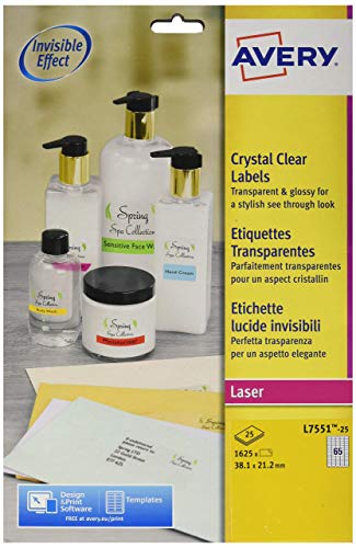 Best Value Avery Self Adhesive Clear Mini Organising Return Address Labels, Laser Printers (38.1 x 21.2 mm, 65 Labels Per A4 Sheet, 25 Sheets), 1625 labels, (L7551)