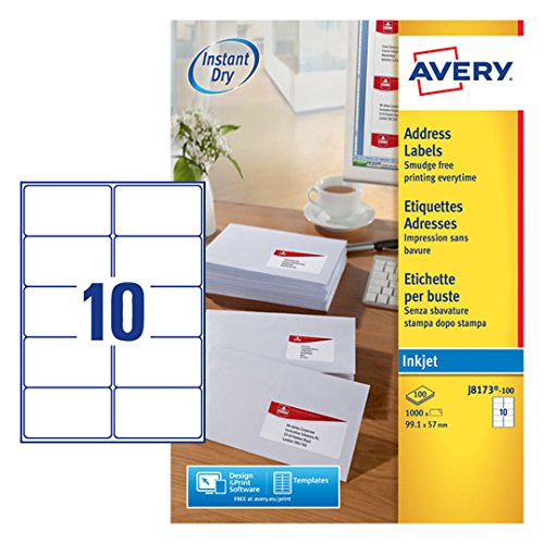 Best Value Avery Self Adhesive Address Mailing Labels, Inkjet Printers, 10 Labels per A4 Sheet, 1000 labels, QuickDRY (J8173) White
