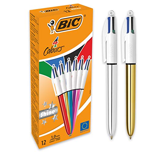 Best Value BIC 4 Colours Shine Ballpoint Pens Medium Point (1.0 mm) - Assorted Metallic Barrels, Box of 12