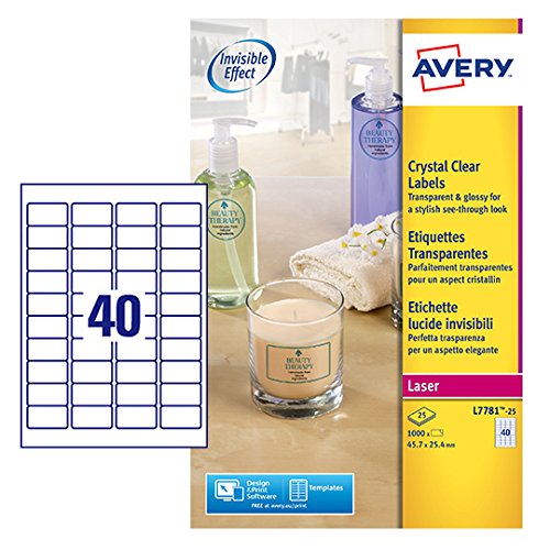 Best Value Avery L7781-25 Crystal Clear Labels for Laser Printers (45.7 x 25.4 mm Labels, 40 Labels per A4 Sheet, 25 Sheets)- Transparent