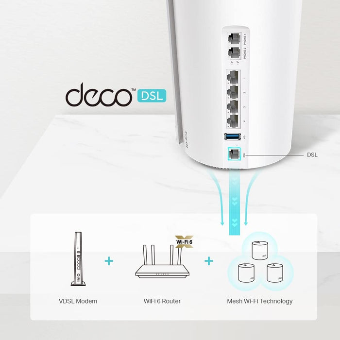 TP-Link DECO X73-DSL V1 - Wireless router - DSL modem - 4-port switch - GigE - WAN ports: 4 - 802.11a/b/g/n/ac/ax - Dual Band