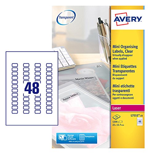 Best Value Avery Self Adhesive Clear Mini OrganisinG Return Address Labels, Laser labels, 48 Labels Per A4 Sheet, 1200 labels, QuickPEEL (L7553)