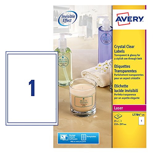 Best Value Avery L7784-25 Self-Adhesive Crystal Clear Transparent Labels, 1 Label Per A4 Sheet