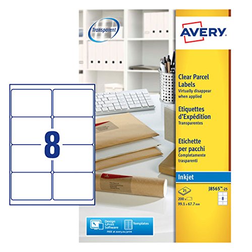 Best Value Avery Self Adhesive Clear Parcel Shipping Labels, Inkjet Printers, 8 Labels Per A4 Sheet, 200 labels, QuickDRY (J8565)