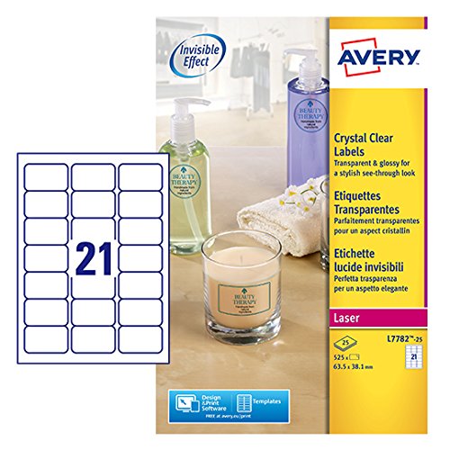 Best Value Avery L7782-25 Self-Adhesive Crystal Clear Transparent Labels, 21 Labels Per A4 Sheet