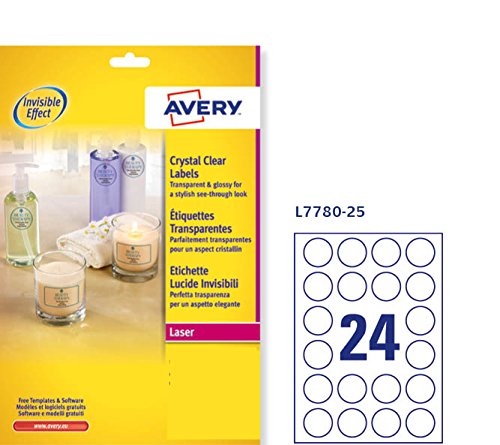 Best Value Avery L7780-25 Crystal Clear Round Labels for Laser Printers (40 mm Diameter Labels, 24 Labels per A4 Sheet, 25 Sheets) - Transparent