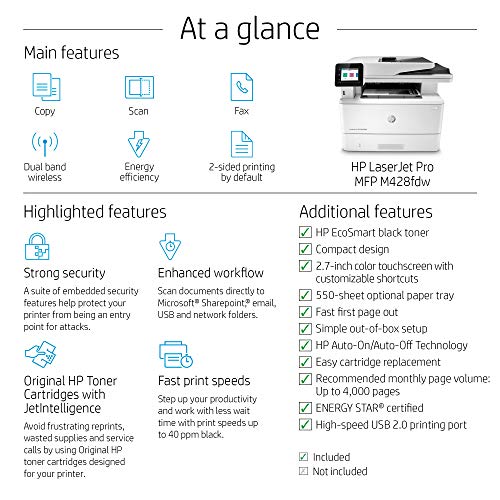 HP LaserJet Pro MFP M428fdw - Multifunction printer - B/W - laser - Legal (216 x 356 mm) (original) - A4/Legal (media) - up to 38 ppm (copying) - up to 38 ppm (printing) - 350 sheets - 33.6 Kbps - USB 2.0, Gigabit LAN, Wi-Fi(n), USB host