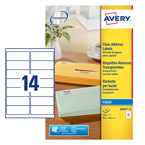 Best Value Avery J8563-25 Self-Adhesive Clear Address/Mailing Labels, 14 Labels Per A4 Sheet -Transparent