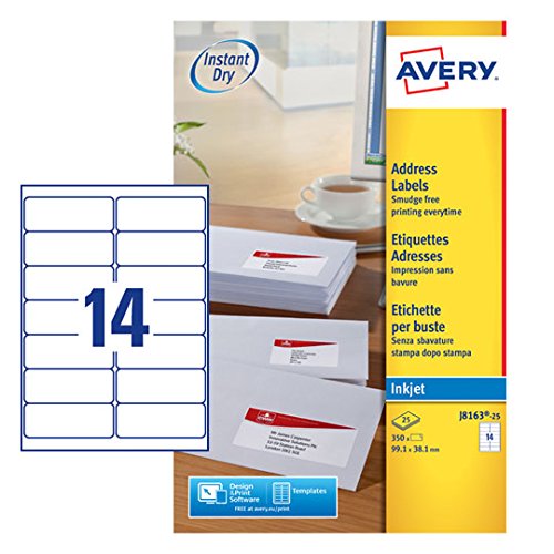 Best Value Avery Self Adhesive Address Mailing Labels, Inkjet Printers, 14 Labels per A4 Sheet, 350 labels, QuickDRY (J8163) White