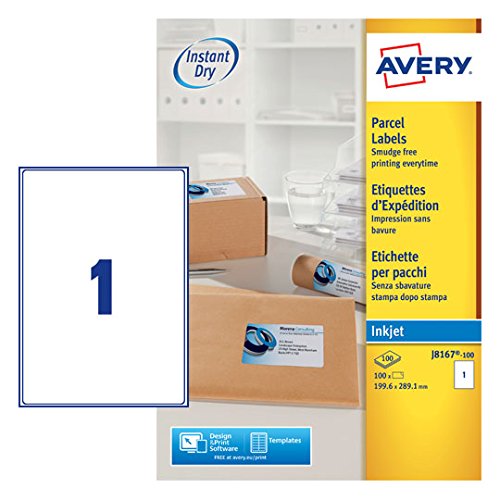 Best Value Avery Self Adhesive Parcel Shipping Labels,Inkjet Printers, 1 Label Per A4 Sheet, 100 labels, QuickDRY (J8167)
