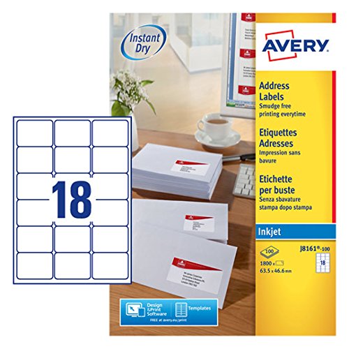Best Value Avery Self Adhesive Address Mailing Labels, Inkjet Printers, 18 Labels per A4 Sheet, 1800 labels, QuickDRY (J8161)