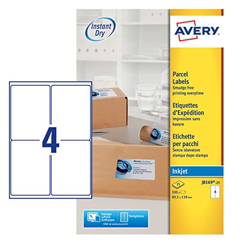 Best Value Avery Self Adhesive Parcel Shipping Labels, Inkjet Printers, 4 Labels Per A4 sheet, 100 labels, QuickDRY (J8169)