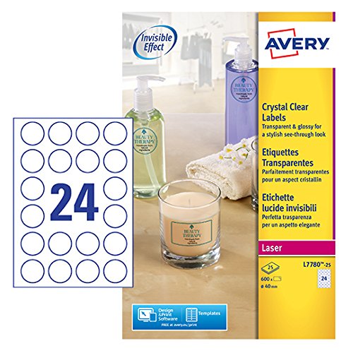 Best Value Avery L7780-25 Crystal Clear Round Labels for Laser Printers (40 mm Diameter Labels, 24 Labels per A4 Sheet, 25 Sheets) - Transparent