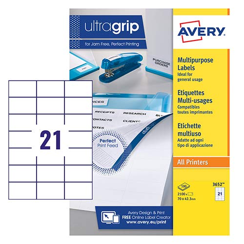 Best Value Avery 3652 self-adhesive Multipurpose/copier Labels, 21 labels per A4 Sheet, White (100 Sheets)