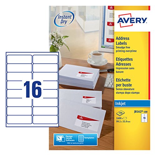 Best Value Avery Self Adhesive Address Mailing Labels, Inkjet Printers, 16 Labels Per A4 Sheet, 1600 labels, QuickDRY (J8162)