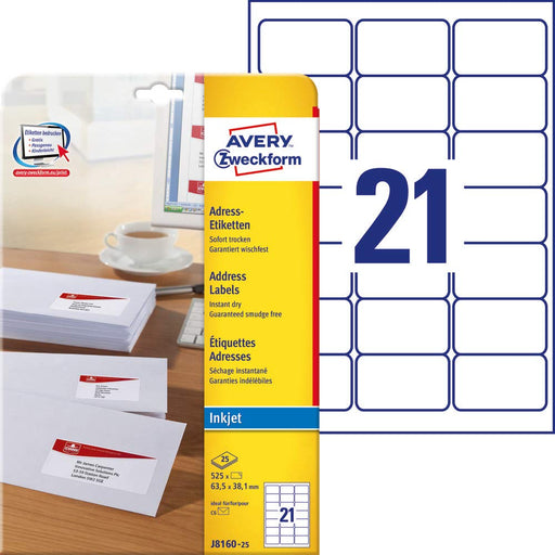 Best Value Avery Self Adhesive Address Mailing Labels, Inkjet Printers, 21 Labels per A4 Sheet, 525 labels, QuickDRY, White