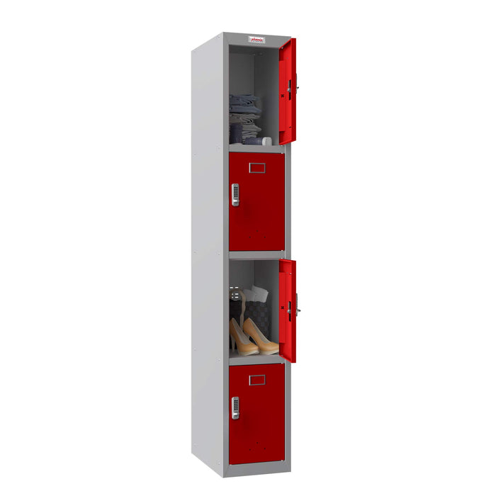 Phoenix PL Series 1 Column 4 Door Personal Locker Grey Body Red Doors with Electronic Locks PL1430GRE