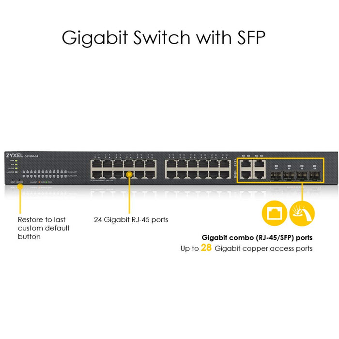 Best Value Zyxel 24-Port Gigabit Ethernet Smart Managed Switch - Fanless Design with 4 Gigabit Combo Ports and Hybrid Cloud mode, Lifetime Warranty, UK Plug [GS1920-24v2]