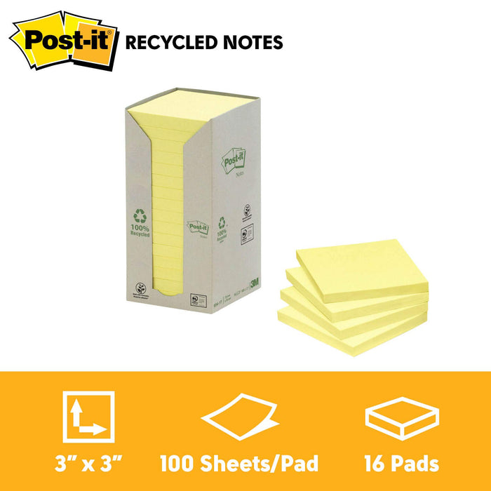 Best Value Post-it 654-1T Recycled Notes - Canary Yellow - Tower Pack Of 16 Pads 100 Sheets Per Pad - 76 mm x 76 mm
