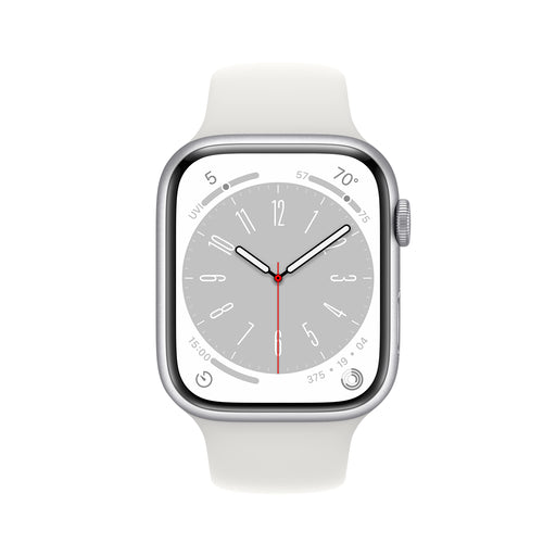 Apple Watch Series 8 (GPS) - 45 mm - silver aluminium - smart watch with sport band - fluoroelastomer - white - band size: Regular - 32 GB - Wi-Fi, Bluetooth - 38.8 g