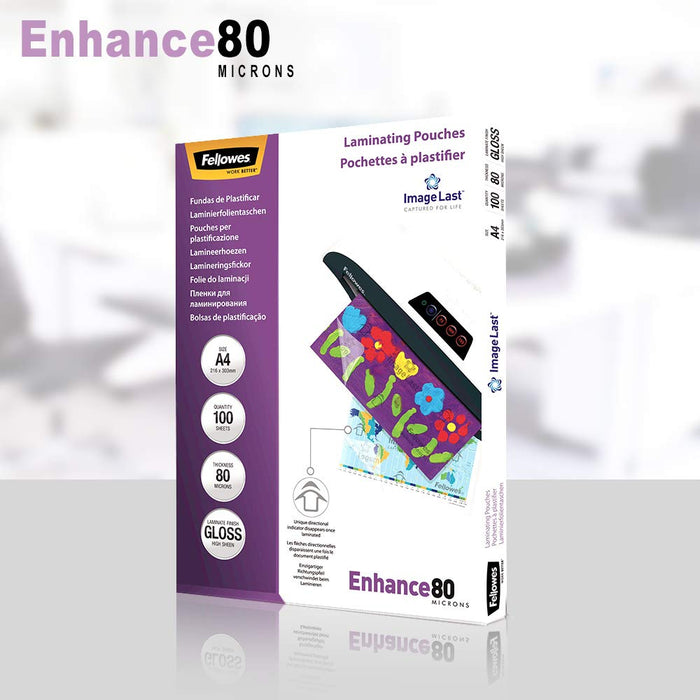 Best Value Fellowes A4 Laminating Pouches, Gloss, 80 Micron with Image Last Directional Quality Mark, Pack of 100