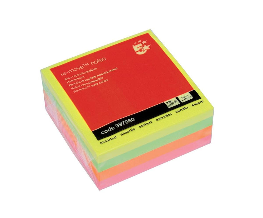 Best Value 5 Star Re-Move Notes Cube Pad of 320 Sheets 75x75mm Neon Rainbow