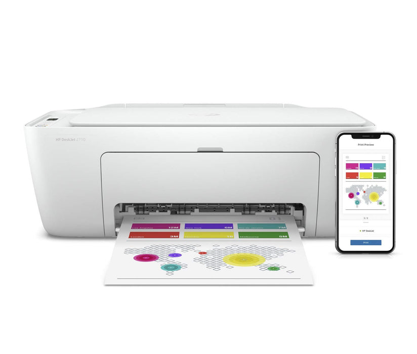 HP Deskjet 2710 All-in-One - Multifunction printer - colour - ink-jet - 216 x 297 mm (original) - A4/Legal (media) - up to 7.5 ppm (printing) - 60 sheets - USB 2.0, Bluetooth, Wi-Fi(n) - white - HP Instant Ink eligible