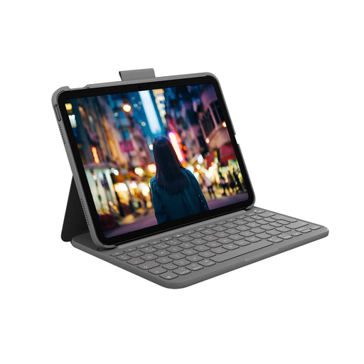 Logitech Slim Folio - Keyboard and folio case - wireless - Bluetooth LE - QWERTY - UK - oxford grey - for Apple 10.2-inch iPad Wi-Fi, 10.5-inch iPad Pro Wi-Fi, 10.9-inch iPad Wi-Fi, iPad Air Wi-Fi