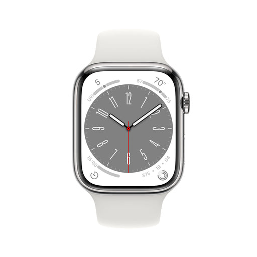 Apple Watch Series 8 (GPS + Cellular) - 45 mm - silver stainless steel - smart watch with sport band - fluoroelastomer - white - band size: Regular - 32 GB - Wi-Fi, LTE, Bluetooth, UWB - 4G - 51.5 g