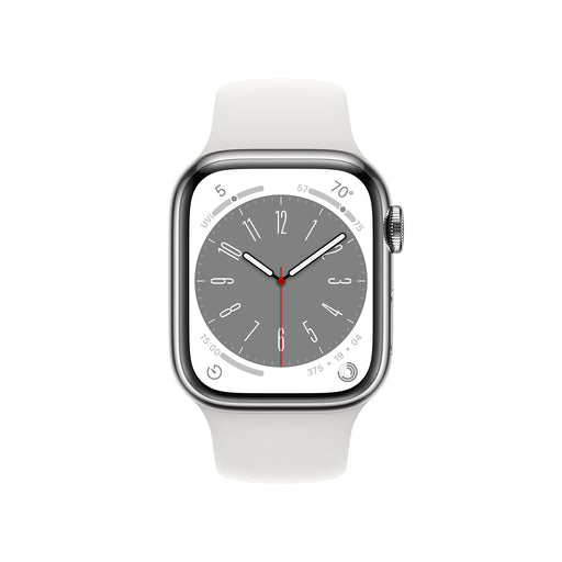 Apple Watch Series 8 (GPS + Cellular) - 41 mm - silver stainless steel - smart watch with sport band - fluoroelastomer - white - band size: Regular - 32 GB - Wi-Fi, LTE, Bluetooth, UWB - 4G - 42.3 g