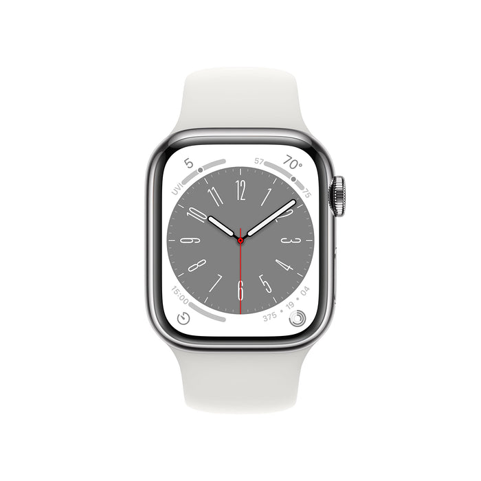 Apple Watch Series 8 (GPS + Cellular) - 41 mm - silver stainless steel - smart watch with sport band - fluoroelastomer - white - band size: Regular - 32 GB - Wi-Fi, LTE, Bluetooth, UWB - 4G - 42.3 g