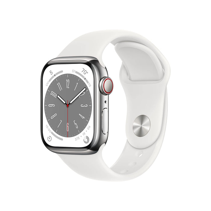 Apple Watch Series 8 (GPS + Cellular) - 41 mm - silver stainless steel - smart watch with sport band - fluoroelastomer - white - band size: Regular - 32 GB - Wi-Fi, LTE, Bluetooth, UWB - 4G - 42.3 g