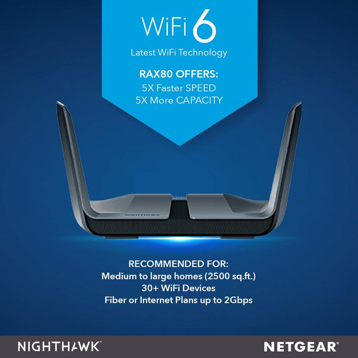 Best Value NETGEAR Nighthawk AX8 8-Stream Wifi 6 Router (RAX80) - AX6000 Wireless Speed (up to 6Gbps) | Coverage for Large Homes | 5 x 1G and 1x 2G Ethernet ports | 2 x 3.0 USB